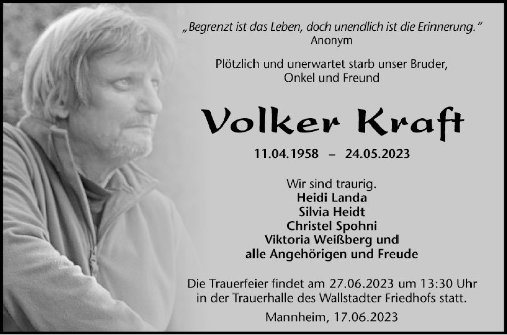  Traueranzeige für Volker Kraft vom 17.06.2023 aus Mannheimer Morgen