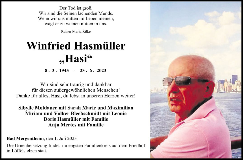  Traueranzeige für Winfried Hasmüller vom 01.07.2023 aus Fränkische Nachrichten