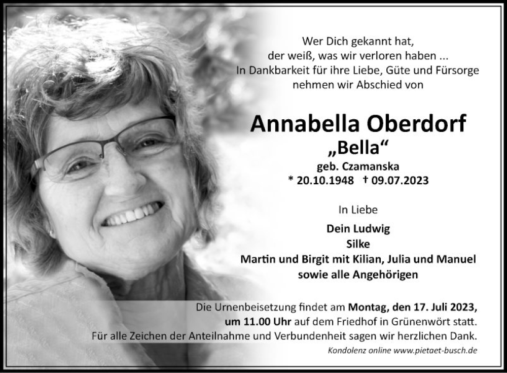  Traueranzeige für Annabella Oberdorf vom 12.07.2023 aus Fränkische Nachrichten