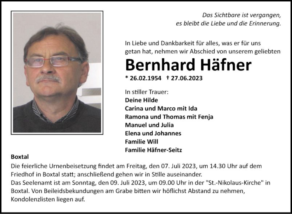  Traueranzeige für Bernhard Häfner vom 04.07.2023 aus Fränkische Nachrichten