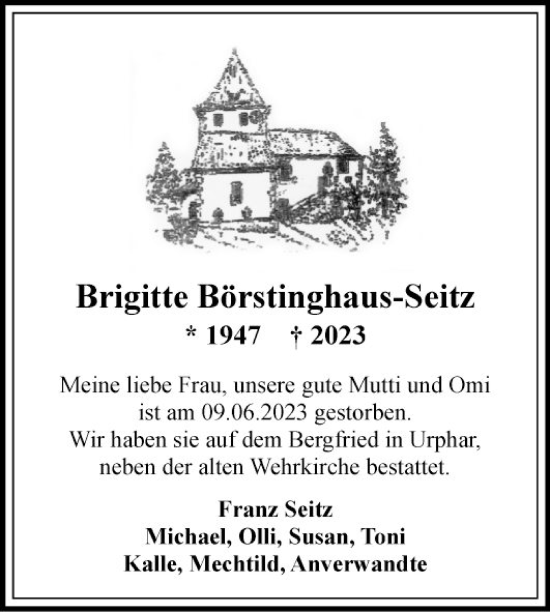 Traueranzeige von Brigitte Börstinghaus-Seitz von Fränkische Nachrichten