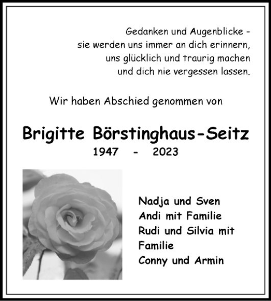 Traueranzeige von Brigitte Börstinghaus-Seitz von Fränkische Nachrichten