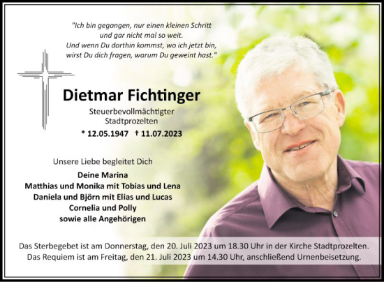 Traueranzeige von Dietmar Fichtinger von Fränkische Nachrichten