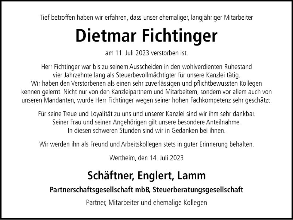  Traueranzeige für Dietmar Fichtinger vom 15.07.2023 aus Fränkische Nachrichten