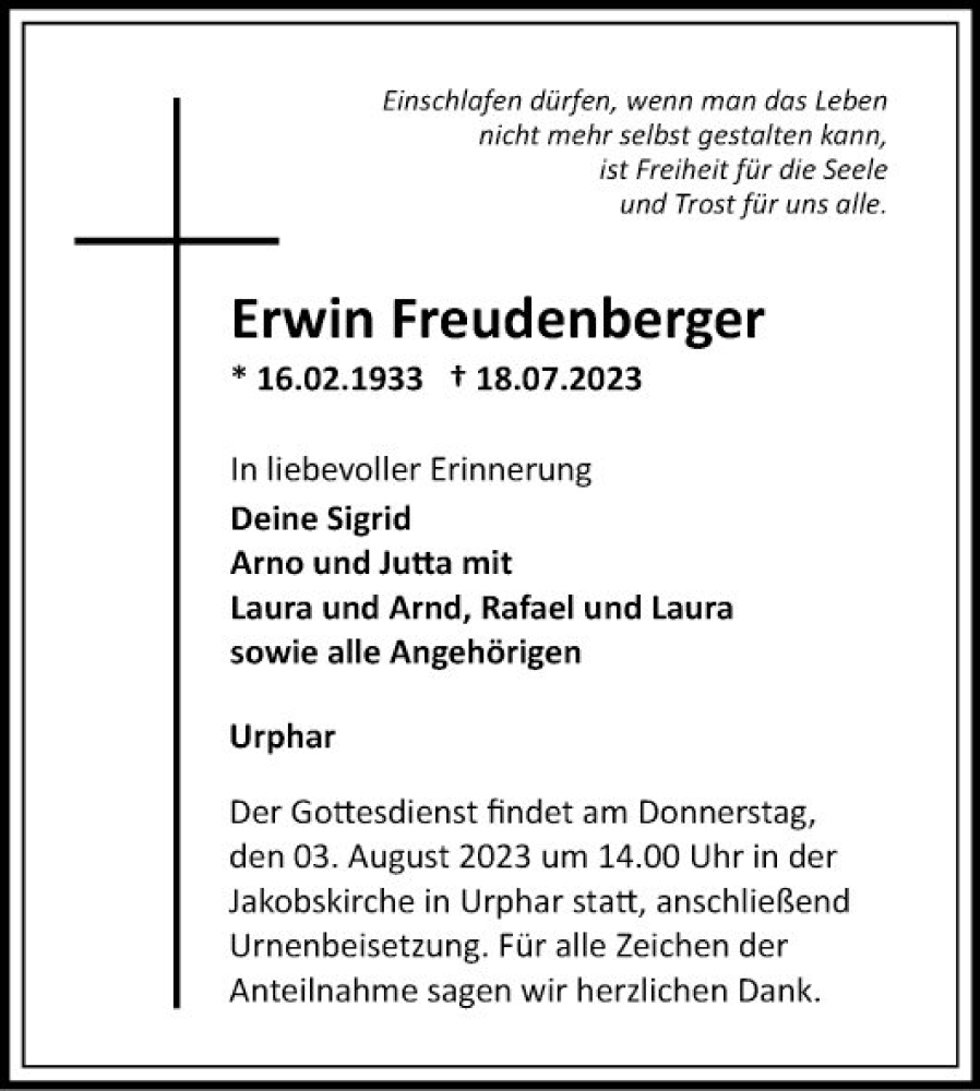  Traueranzeige für Erwin Freudenberger vom 29.07.2023 aus Fränkische Nachrichten
