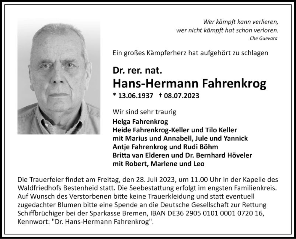  Traueranzeige für Hans-Hermann Fahrenkrog vom 22.07.2023 aus Fränkische Nachrichten