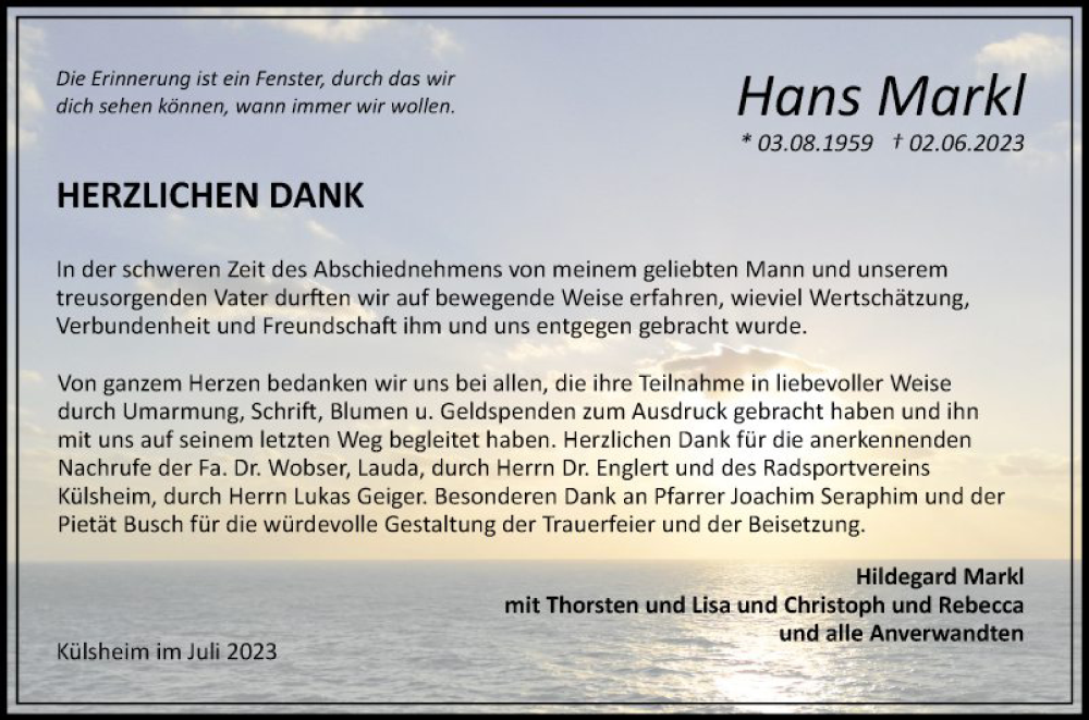  Traueranzeige für Hans Mark vom 08.07.2023 aus Fränkische Nachrichten