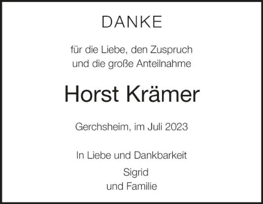  Traueranzeige für Horst Krämer vom 15.07.2023 aus Fränkische Nachrichten
