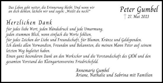 Traueranzeige von Peter Gumbel von Mannheimer Morgen