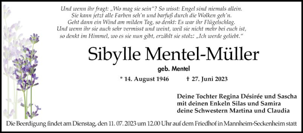  Traueranzeige für Sibylle Mentel-Müller vom 08.07.2023 aus Mannheimer Morgen