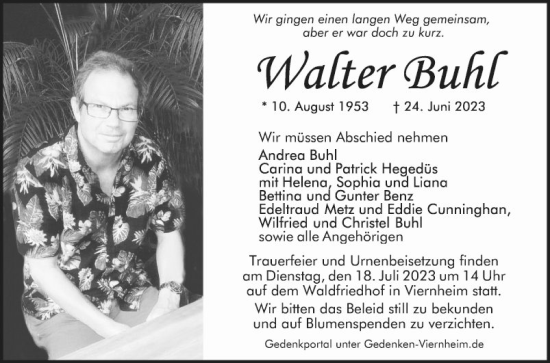 Traueranzeige von Walter Buhl von Mannheimer Morgen