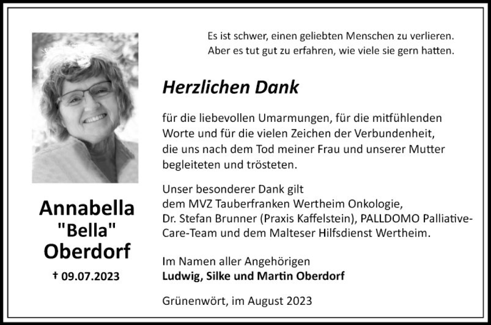  Traueranzeige für Annabella Oberdorf vom 05.08.2023 aus Fränkische Nachrichten