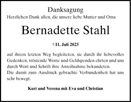 Traueranzeige von Bernadette Stahl von Mannheimer Morgen