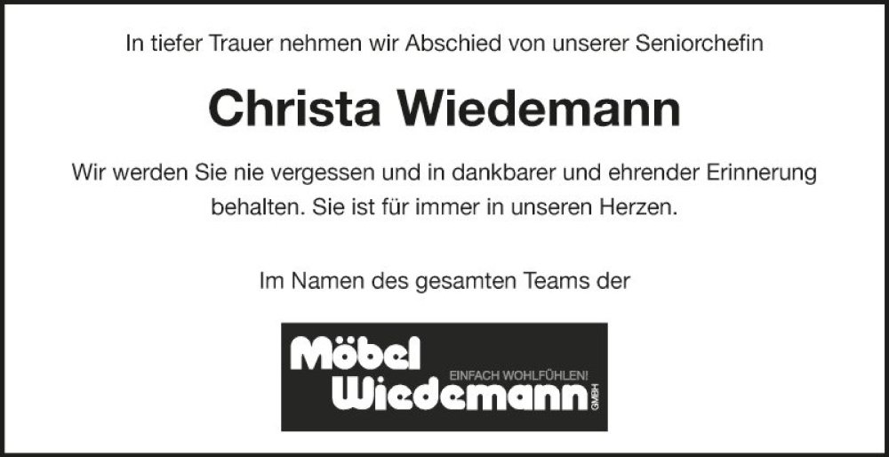  Traueranzeige für Christa Wiedemann vom 18.08.2023 aus Fränkische Nachrichten