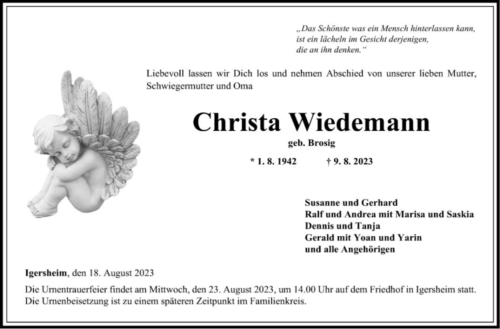  Traueranzeige für Christa Wiedemann vom 18.08.2023 aus Fränkische Nachrichten