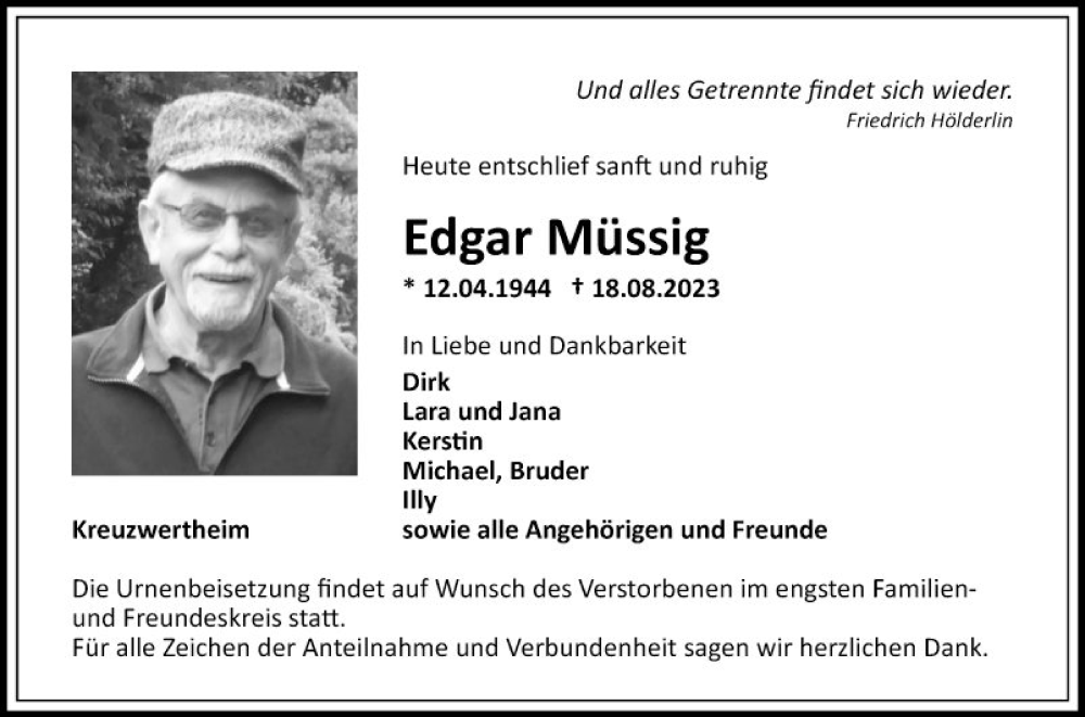  Traueranzeige für Edgar Müssig vom 26.08.2023 aus Fränkische Nachrichten