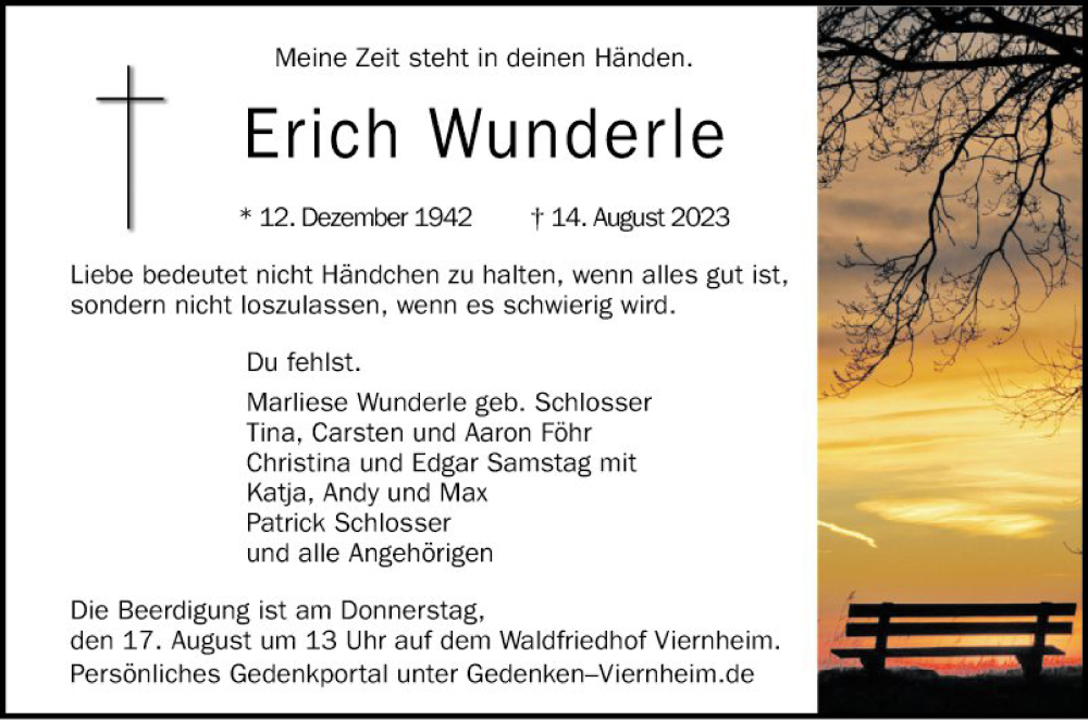  Traueranzeige für Erich Wunderle vom 15.08.2023 aus Mannheimer Morgen