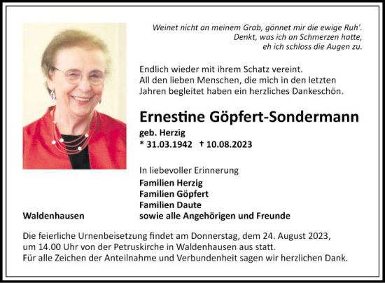 Traueranzeige von Ernestine Göpfert-Sondermann von Fränkische Nachrichten