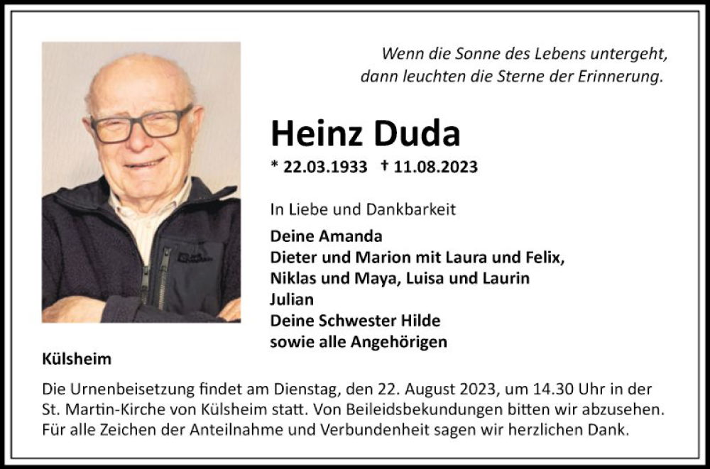 Traueranzeige für Heinz Duda vom 19.08.2023 aus Fränkische Nachrichten