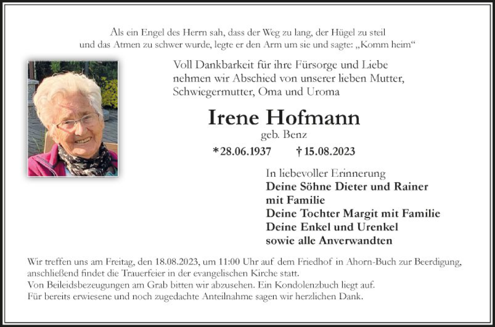 Traueranzeigen von Irene Hofmann | Trauerportal Ihrer Tageszeitung
