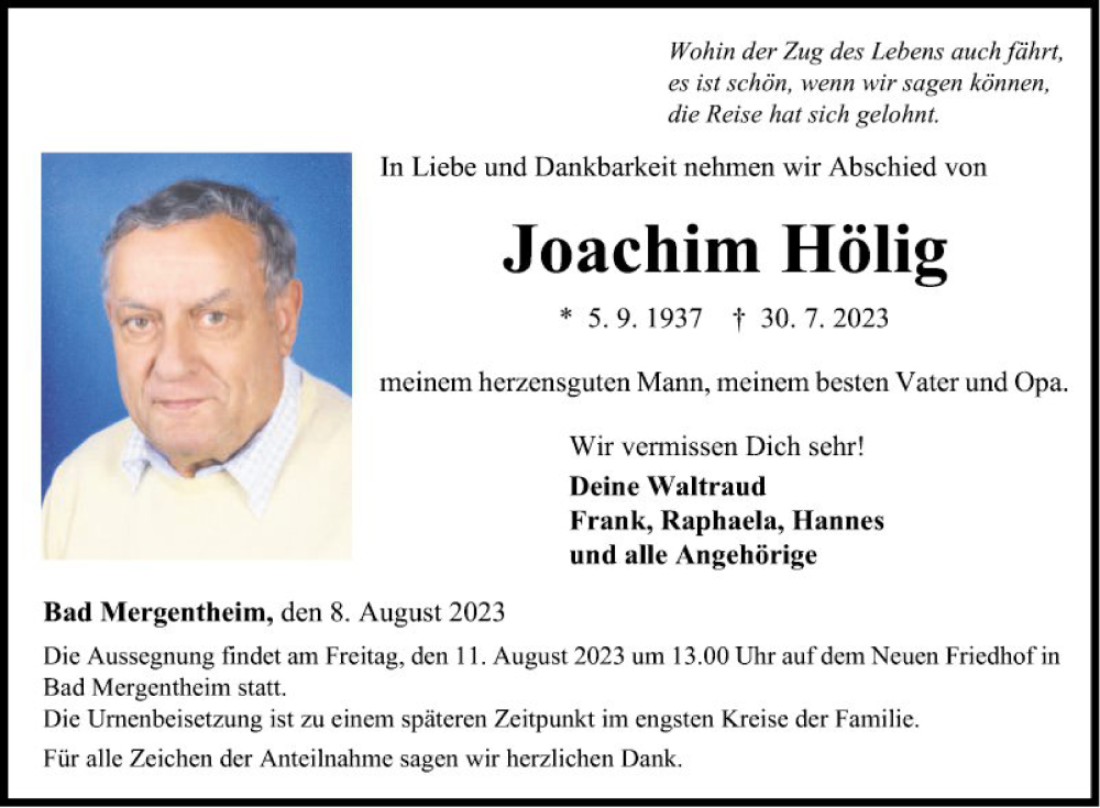  Traueranzeige für Joachim Hölig vom 08.08.2023 aus Fränkische Nachrichten