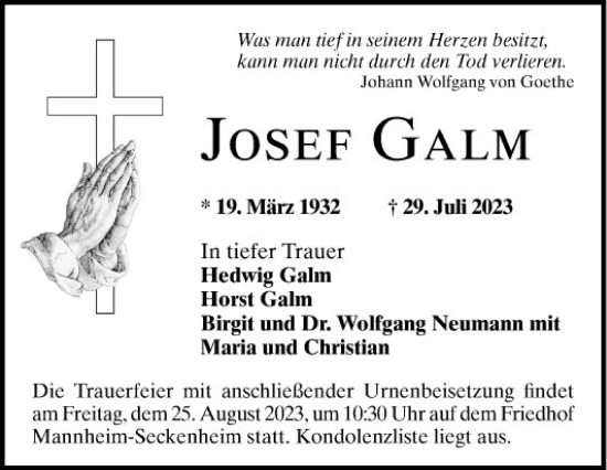 Traueranzeige von Josef Galm von Mannheimer Morgen