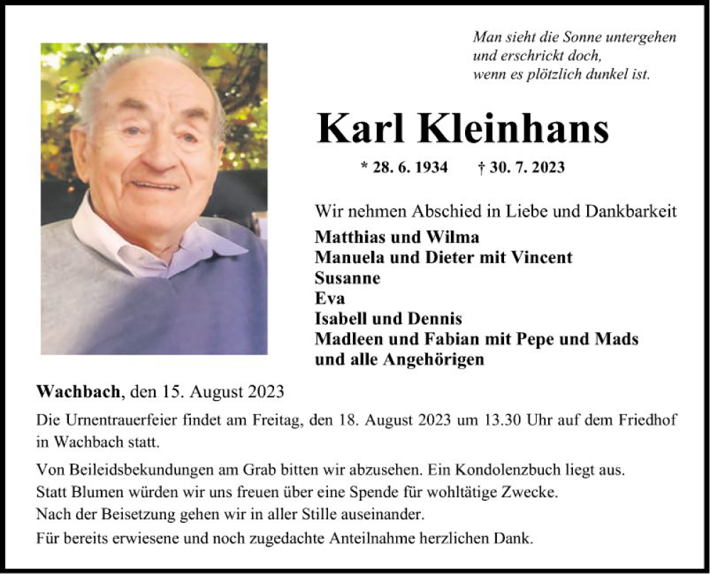  Traueranzeige für Karl Kleinhans vom 15.08.2023 aus Fränkische Nachrichten