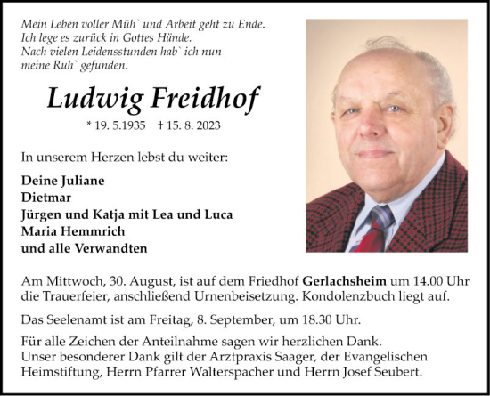 Traueranzeige von Ludwig Freidhof von Fränkische Nachrichten