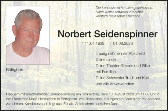 Traueranzeige von Norbert Seidenspinner von Fränkische Nachrichten