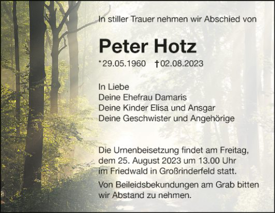 Traueranzeige von Peter Hotz von Fränkische Nachrichten