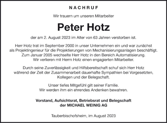 Traueranzeige von Peter Hotz von Fränkische Nachrichten