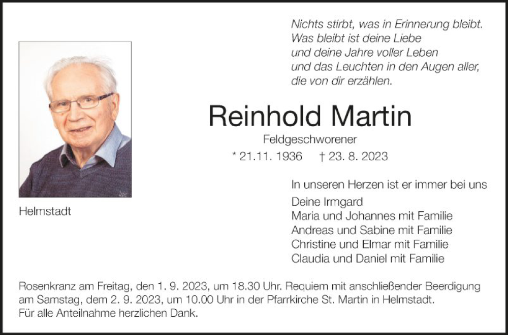  Traueranzeige für Reinhold Martin vom 26.08.2023 aus Fränkische Nachrichten