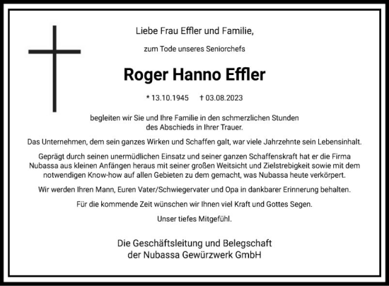 Traueranzeige von Roger Effler von Mannheimer Morgen