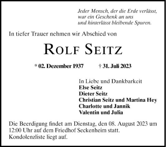 Traueranzeige von Rolf Seitz von Mannheimer Morgen