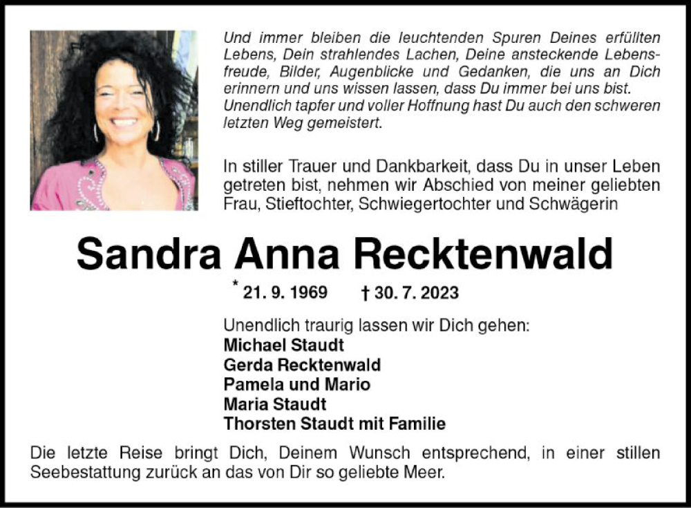  Traueranzeige für Sandra Anna Recktenwald vom 05.08.2023 aus Mannheimer Morgen