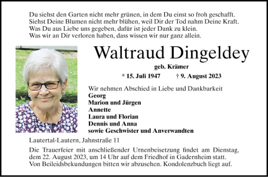 Traueranzeige von Waltraud Dingeldey von Bergsträßer Anzeiger