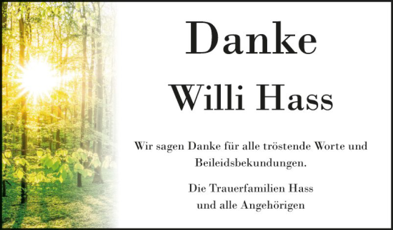 Traueranzeige von Willi Hass von Fränkische Nachrichten