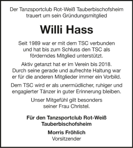 Traueranzeige von Willi Hass von Fränkische Nachrichten