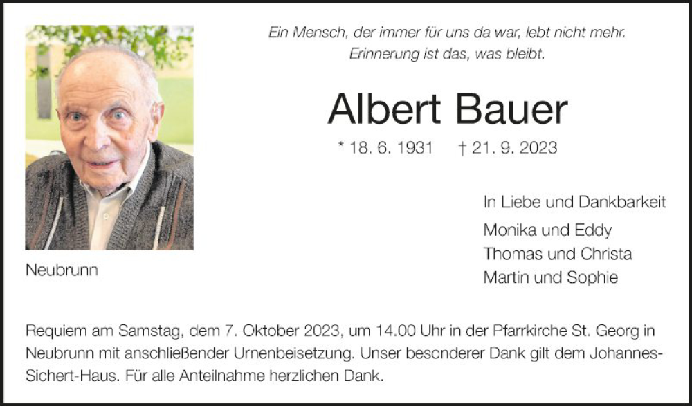  Traueranzeige für Albert Bauer vom 30.09.2023 aus Fränkische Nachrichten