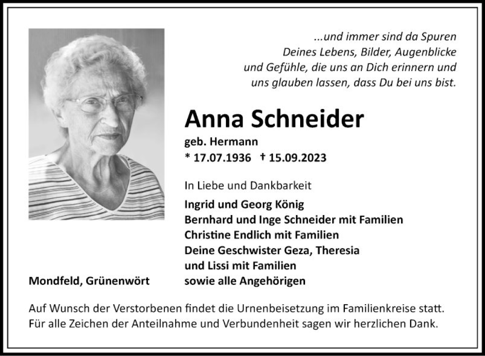  Traueranzeige für Anna Schneider vom 30.09.2023 aus Fränkische Nachrichten