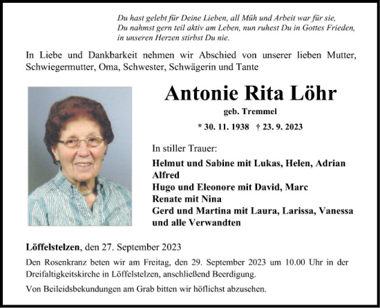 Traueranzeige von Antonie Rita Löhr von Fränkische Nachrichten