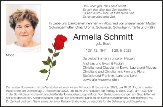 Traueranzeige von Armella Schmitt von Fränkische Nachrichten