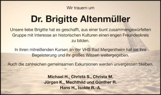 Traueranzeige von Brigitte Altenmüller von Fränkische Nachrichten