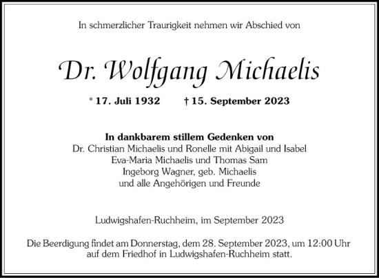 Traueranzeige von Dr. Wolfgang Michaelis von Mannheimer Morgen