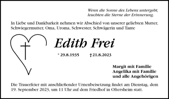 Traueranzeige von Edith Frei von Schwetzinger Zeitung