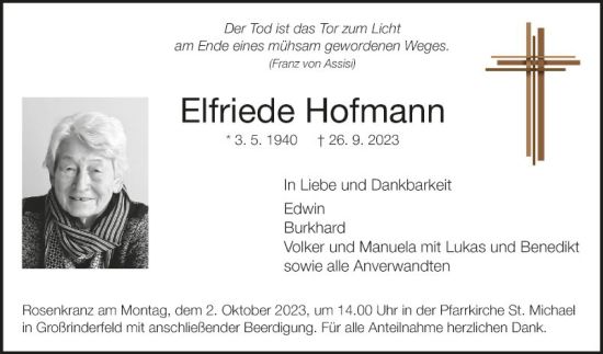 Traueranzeige von Elfriede Hofmann von Fränkische Nachrichten