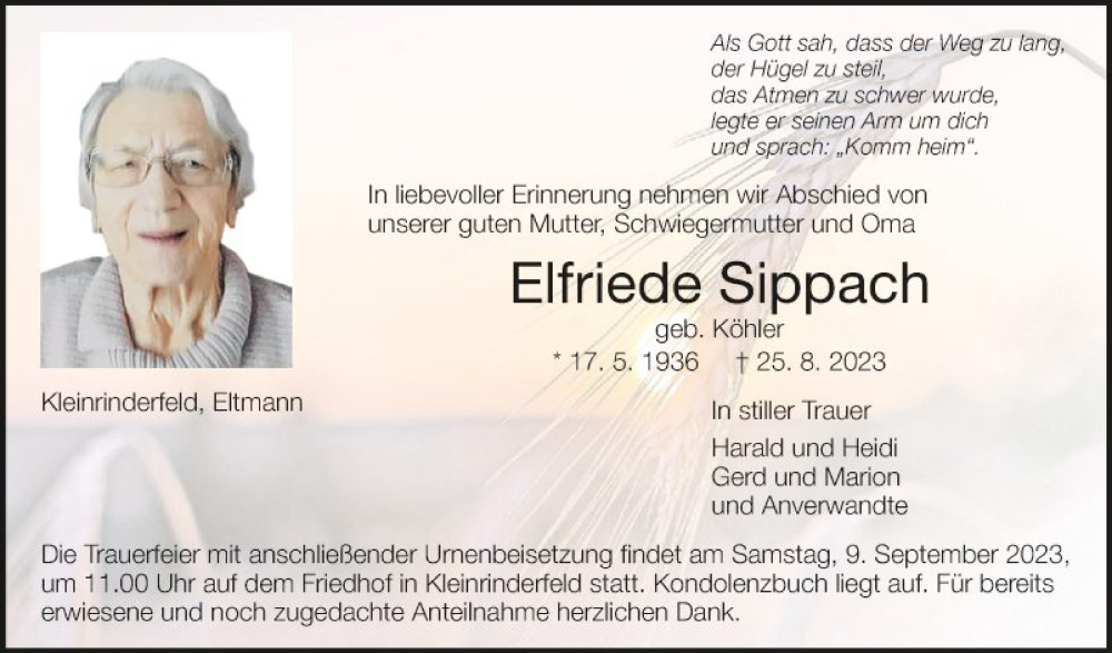  Traueranzeige für Elfriede Sippach vom 02.09.2023 aus Fränkische Nachrichten