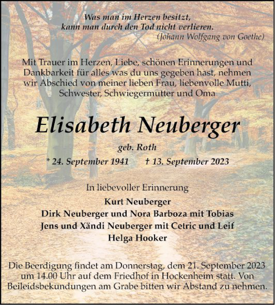  Traueranzeige für Elisabeth Neuberger vom 18.09.2023 aus Schwetzinger Zeitung