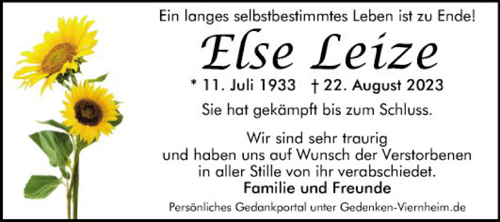  Traueranzeige für Else Leize vom 02.09.2023 aus Mannheimer Morgen