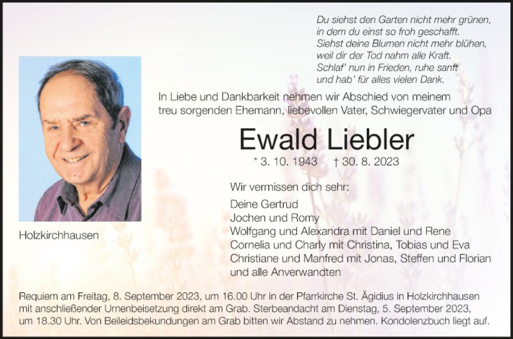  Traueranzeige für Ewald Liebler vom 05.09.2023 aus Fränkische Nachrichten